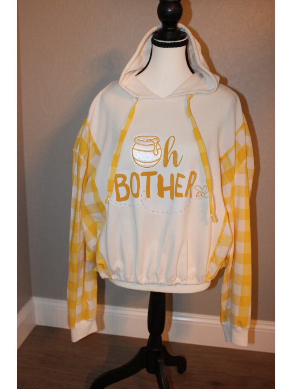 Pooh Yellow and White Oh Bother Hoodie with Gingham Sleeves